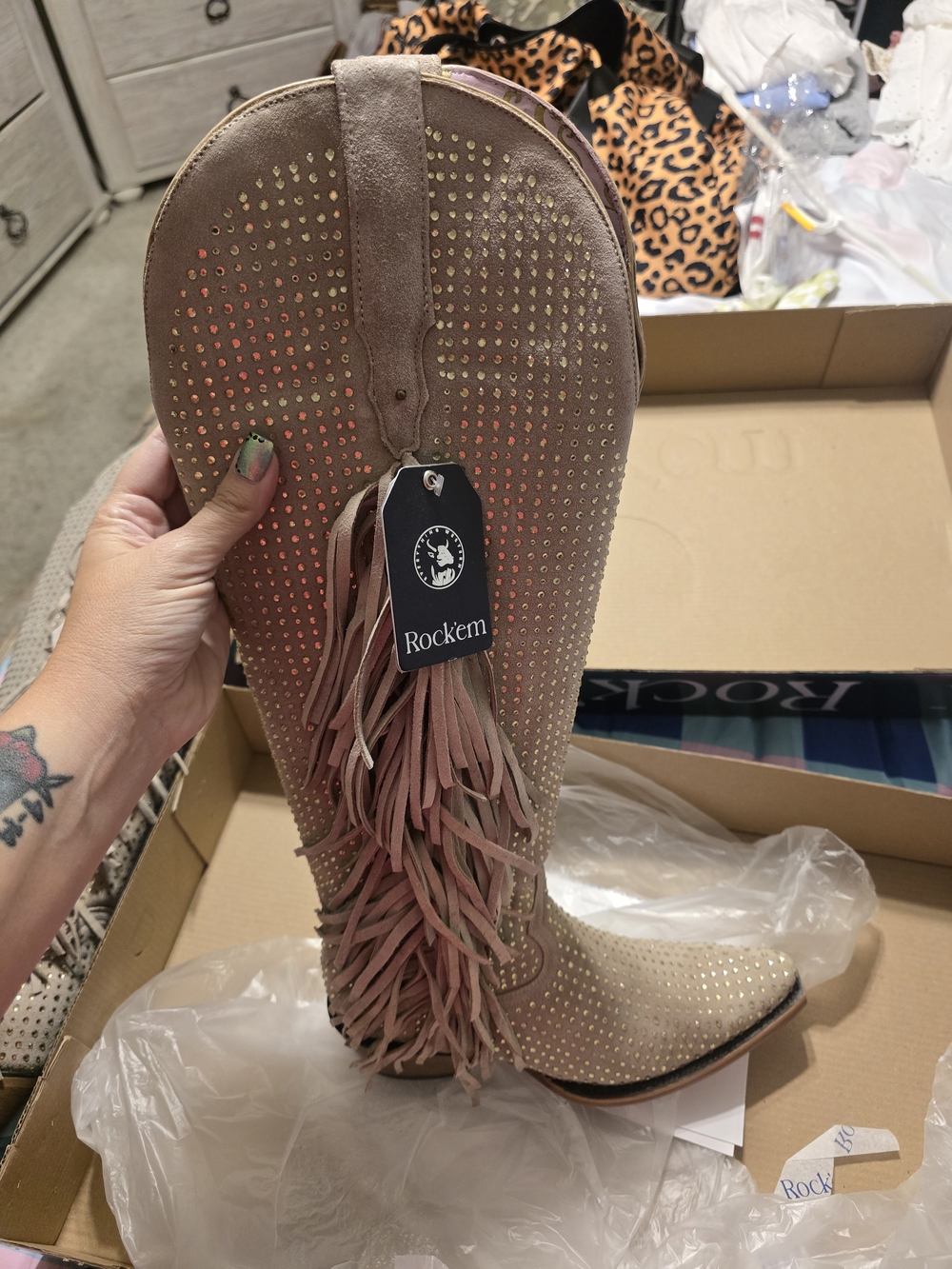 Blush Pink Studded Fringe Heeled Western Boot